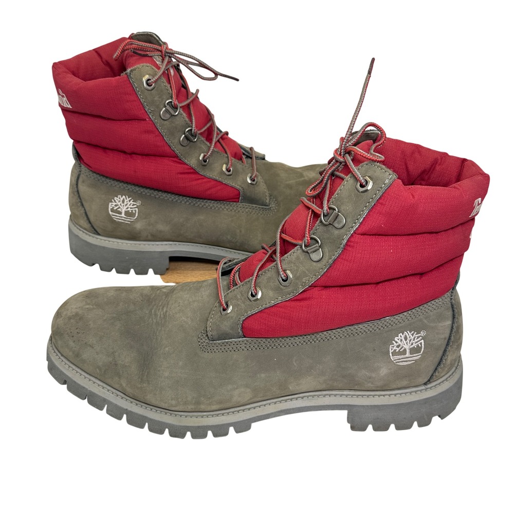 Timberland 650 Boots Mens 13M Nubuck Gray Red Puffer Down Insulated Hiking Gorp